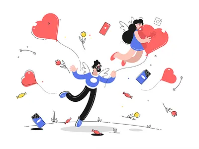Valentine’s day and love character day flat flying heart holding illustration kit8 man ribbon valentines vector woman