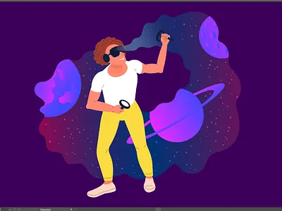 Playing games in virtual reality cartoon character design game headset illustration person play player space vector virtual reality
