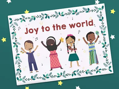 World Vision Christmas Cards botanical wreath character design children childrens illustration christmas christmas card diversity foliage gratitude greeting card illustration joy kids marketing materials sing singing