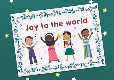World Vision Christmas Cards botanical wreath character design children childrens illustration christmas christmas card diversity foliage gratitude greeting card illustration joy kids marketing materials sing singing