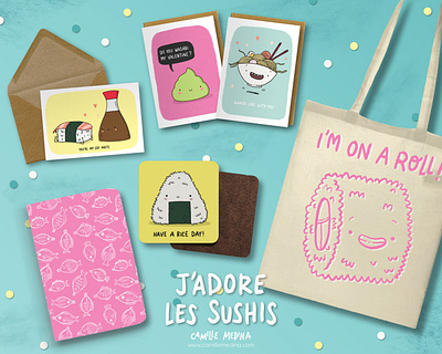 J'adore les sushis character design gift greeting card design humour illustration japanese food kawaii merchandise design merchandise illustration mixed media product design product illustration pun card puns ramen stationery stationery design sushi card sushi illustration