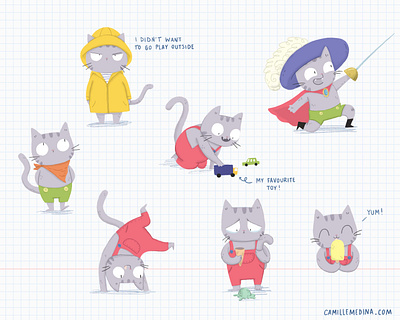 Kitten character angry animal animal illustration cartwheel cat character design character sheet digital illustration emotion grumpy happy ice cream illustration kitten playing smiling thinking thoughtful