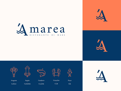 'A marea - ristorante di mare brand branding design flat food graphic design icons identity illustrator letter logo logo design logotype logotype designer mark seafood typography vector visual design visual identity