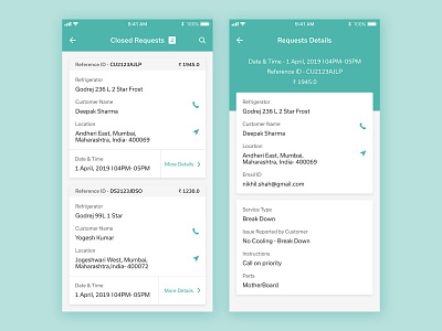 Service Request Screen Design amount android app card clean customer daily ui detail page device direction interface ios layout location mobile reference request ui ux