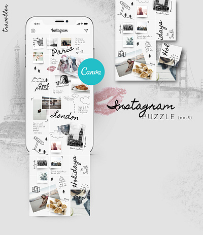 CANVA Instagram Puzzle Template - Traveller blogger kit canva canva design canva designer canva instagram canva template canva templates collage fashion grid layout insta posts instagram grid instagram posts instagram puzzle instagram template lifestyle social media templates style traveller travelling