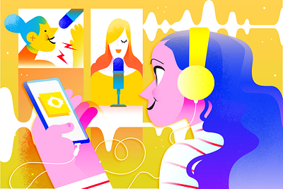 New Year, New Podcasts audio editorial art girl character headphones illustration illustrator photoshop art podcasting podcasts radio spotify vector art