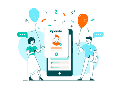 Welcome to Pando! app balloons branding celebration character chat flat healthcare illustration line art medical nhs outlines recruitment vector welcome