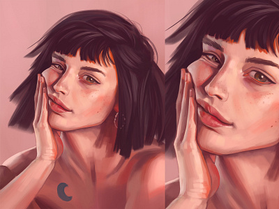 Skin tones dark hair digital drawing digital painting green eyes hand hand on face naked woman pastel colors portrait pretty girl short hair soft light speedpainting tattoo