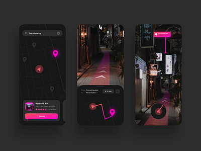 AR Route App android app ar augmented reality dark mode direction futuristic ios iphone map mobile navigation neon pink route tourism travel ui vr