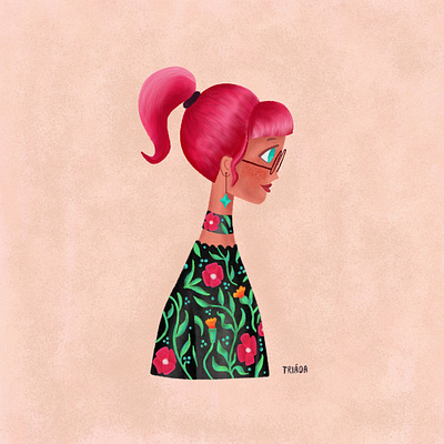 Girl portrait cute floral flower pattern girl green illustration nature pattern pattern design pink hair portrait woman