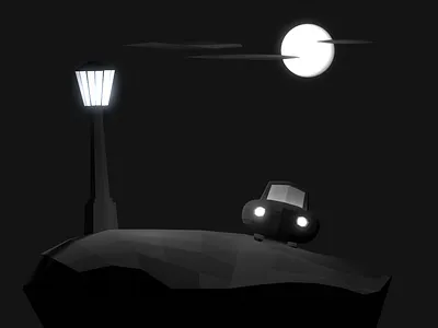 Night parking 3d blender car cartoon cute design illustration isometric lamppost moon night orthographic