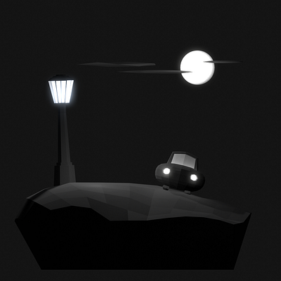 Night parking 3d blender car cartoon cute design illustration isometric lamppost moon night orthographic