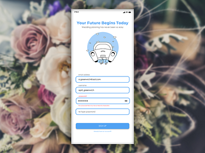 "Something Borrowed" App - Sign Up branding dailyui dailyui 001 digital digital art drawing graphic design illustration lunacy mobile app mobile ui photoshop signup sketch ui design uiux ux ui mockup uxdesign vector