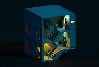 Zombie Night Side A isometric illustration lowpoly orthographic voxel