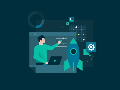 Startup apps character design destop email icon illustration invite lanching message mobile project rocket settings space startup ui ux user vector web page