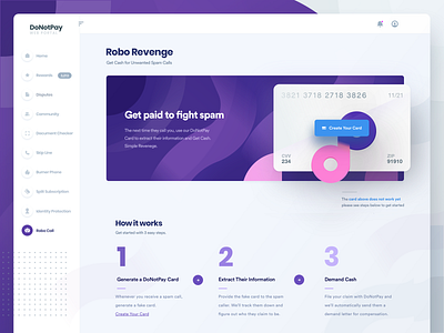 DoNotPay Robo Revenge Homepage for Web card creditcard details emptystate generate how it works lawyer location map pink product purple robo steps sue web app