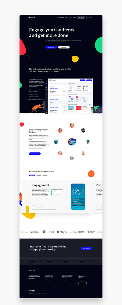 Whispir website homepage blobs branding design designer duelofdoves electric blue homepage icon logo minimal typography ux vector website website design