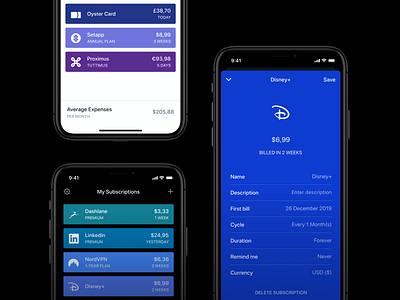 Bobby 3 - Keep track of your subscriptions app budget cards colors dark mode dashboard design expenses finance ios mobile money subscription subscriptions themes ui