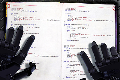 Machine learning placard. Robot reads textbook with code ai app background banner design illustration manipulation photoshop poster web