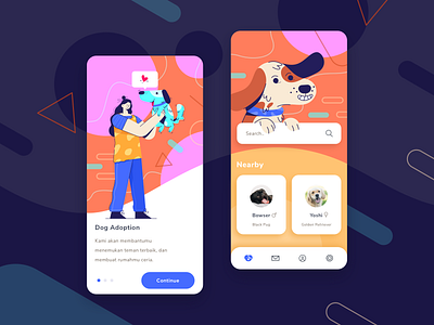 Dog Adoption App animal app cards design dog illustration layout mobile app onboarding pattern people pet