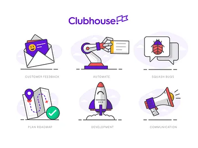 Some more illustrations pt2... automate bug chat claw clubhouse communictation customer feedback development envelope illustration map megaphone product management project management roadmap robot rocket speaker