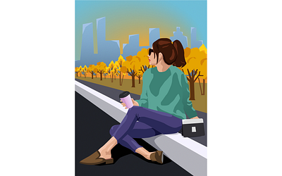Fall in my city autumn city coffee cup coffeeshop design fall fashion flat flat illustration girl illustrator landscape lines orange vector art without