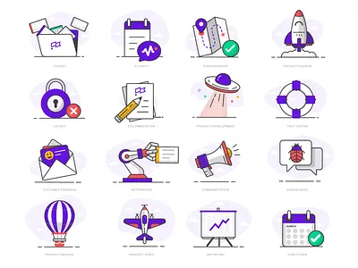 Scene Illustrations calendar chat family folder help iconography map plane robot rocket style ufo