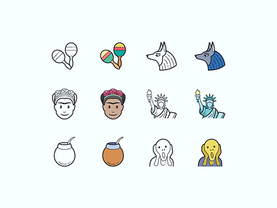 Hand Drawn icons: Culture color culture design digital art edvard munch egypt frida kahlo graphic design icon icon set icons icons8 maracas mate outline scream statue of liberty traveling ui vector