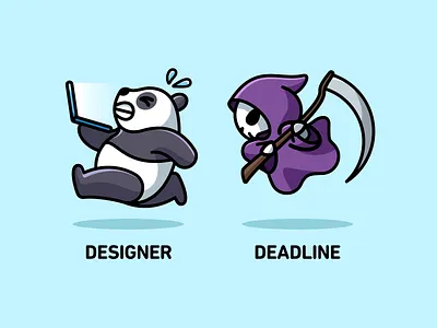 Designer & Deadline cartoon character chasing cute deadline designer life funny graphic design grim reaper halloween humor illustration joke laptop mascot panda playful running simple skeleton