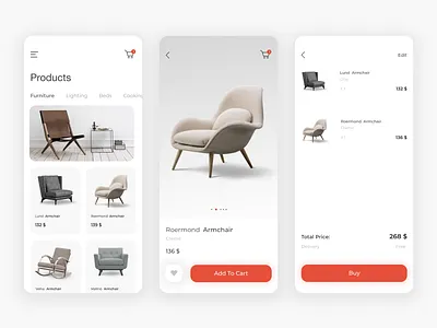 Furniture Store App - Personal Project add to cart app app design armchair buy ecommerce favorite furniture app furniture store mobile mobile app design mobile ui shop shopping app sketchapp ux ux design