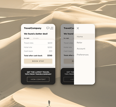 Hotel travel UI concept app application beige compare comparison earthy hamburger hotel hotel booking inspiration marketing menu neutrals palette price travel uidesign uiux ux