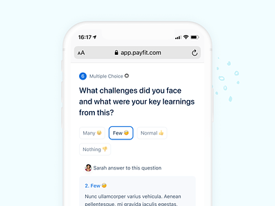 Type your answer 🌼 1:1 android answer app badge emoji form ios minimalist mobile multiple choice payfit perf performance review question question list survey tags ui ux