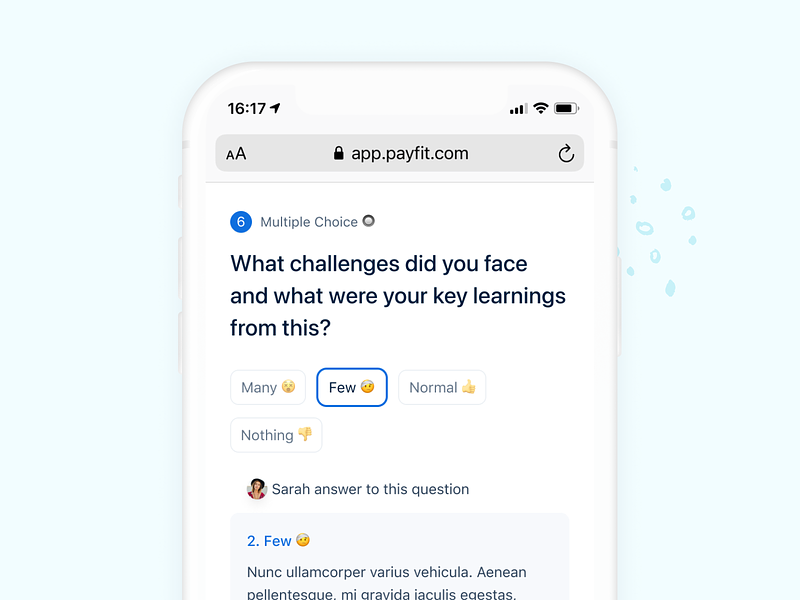Type your answer 🌼 1:1 android answer app badge emoji form ios minimalist mobile multiple choice payfit perf performance review question question list survey tags ui ux