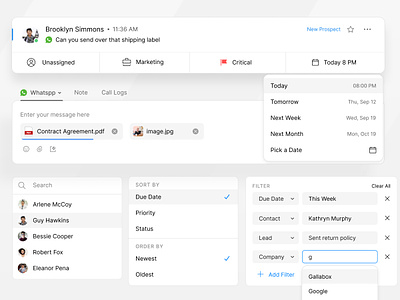 Gallabox | UI Components 2 app buildinc calendar chat crm date design dropdown dsm engagement filter mail omni sales search social sort by support ui ux