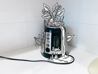 Breakfast appliances black and white breakfast conceptual drawing floral flowers illustration kitchen landscape nature procreate simple toaster