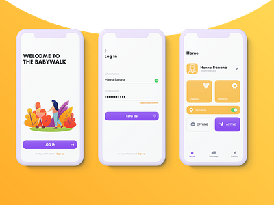 Babywalk- iOS concept app design appdesign baby button colours concept art concept design graphic design homepage icons illustraion ios ios app login page mobile app mobileux mom orange purple screens signin