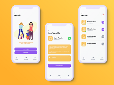 Babywalk concept app design app design baby children colours friends friends list graphic design illustrations invite ios ios app mom orange profile page purple screens ui userinterface ux