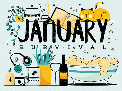 January Survival bath cat cozy design editorial home illustration january plants tea texture vector wine winter yellow