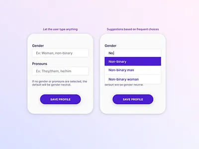 Gender and pronouns picker app design diversity form forms inclusion minimalistic native queer typography ui ux visual design web