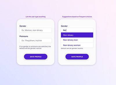Gender and pronouns picker app design diversity form forms inclusion minimalistic native queer typography ui ux visual design web