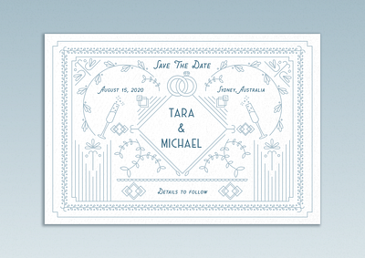 Save the date card blue card floral geometric greeting card illustration invitation line art marriage print design save the date vintage wedding wedding invitation wedding invite white