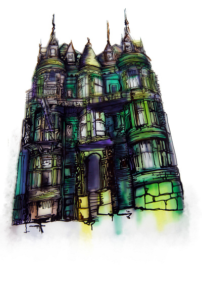 Green town house addams family artwork house house illustration illustration pen and ink