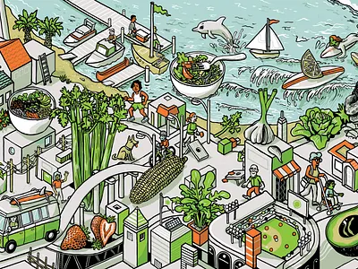 Salad @ the Beach architecture building digital drawing illustration isometric line mural people wacom