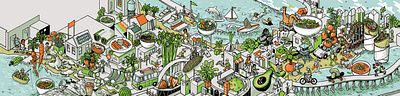 Salad @ the Beach architecture building digital drawing illustration isometric line mural people wacom