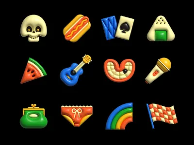 💀🌭♠️🍙🍉🎸😬🎤👛🩲🌈🏁 cards flag guitar hotdog microphone onigiri purse rainbow skull teeth underwear watermelon