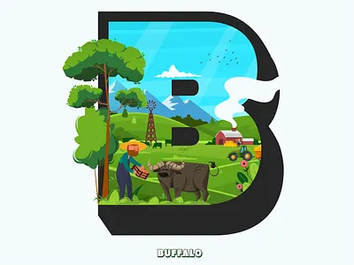 B - Buffalo branding buffalo colorful design farming green happiness illustration illustrator minimal nature trending ui ux web