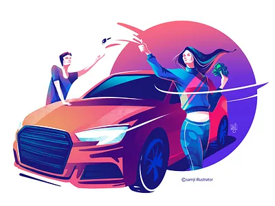 FlipRide car character design editorial illustration flag design girl hero image illustration illustrator procreate vector vector illustration women