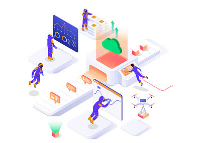 Isometric Astronauts working with Cloud Servers astronauts block five block five charts cloud cloud computing data design drone illustration input isometric isometric illustration output people space system team vector working