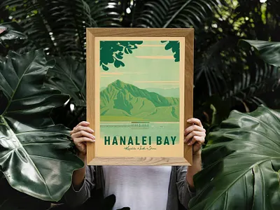 Hanalei Bay aloha bay dock hawaii illustration kauai mountains print retro surf art vintage