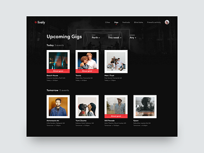 Lively - Events Page app australia clean dark dark mode dark theme dark ui design event events festival gigs melbourne music perth spotify ui ux web